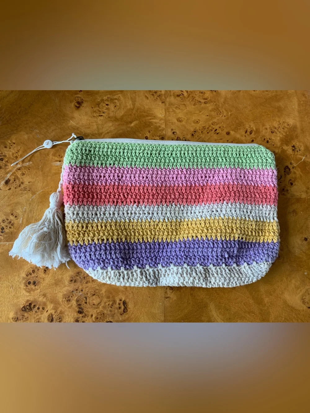 Shiraleah Cream Multicolor stripe crochet canvas clutch